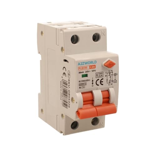 Magnetothermischer Differentialschalter 20A C20, RCBO Typ AC Kurve C, 1P+N 6kA 30mA, Doppelhebel mit visueller Diagnose, 2 DIN-Module, Serie PL8HM Elektromagnetisch von A2ZWORLD