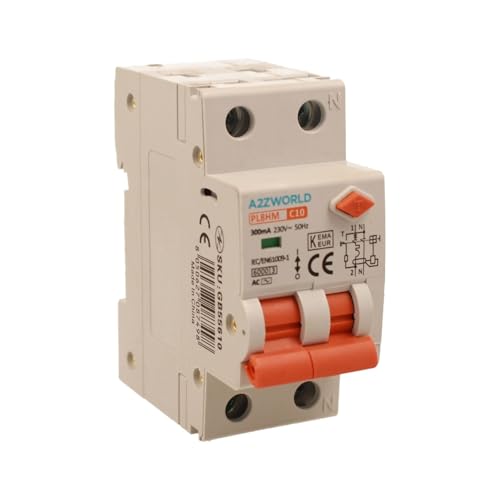Magnetothermischer Differentialschalter 300 mA 10 A C10, RCBO Typ AC Kurve C, 1P+N 6kA, Doppelhebel mit visueller Diagnose, 2 DIN-Module, Serie PL8HM Elektromagnetisch von A2ZWORLD
