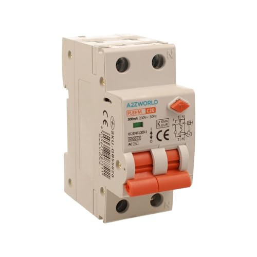 Magnetothermischer Differentialschalter 300 mA 20 A C20, RCBO Typ AC Kurve C, 1P+N 6kA, Doppelhebel mit visueller Diagnose, 2 DIN-Module, Serie PL8HM Elektromagnetisch von A2ZWORLD