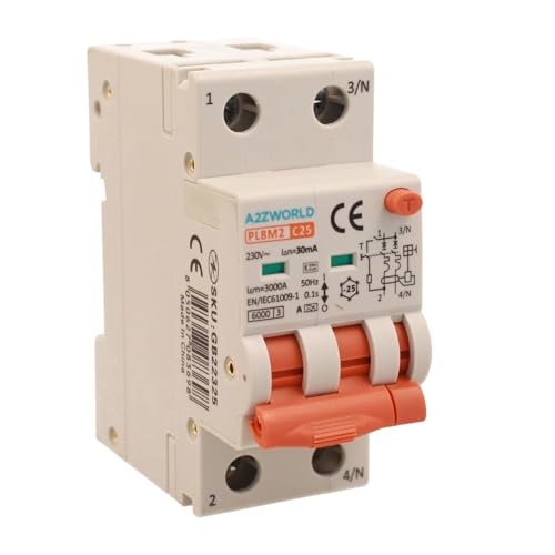 Magnetothermischer Differentialschalter Typ A 25A C25, Bipolar 2P echt (NO 1P+N), Kurve C 6kA 30mA, Doppelhebel mit visueller Diagnose, 2 DIN-Module, Serie PL8M2 von A2ZWORLD