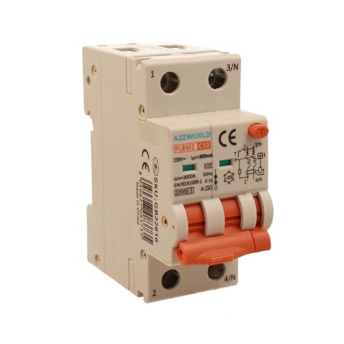 Magnetothermischer Differentialschalter Typ A 300 mA 10 A C10, Bipolar 2P (NO 1P + N), Kurve C 6 kA, Doppelhebel mit visueller Diagnose, 2 DIN-Module, Serie PL8M2 von A2ZWORLD