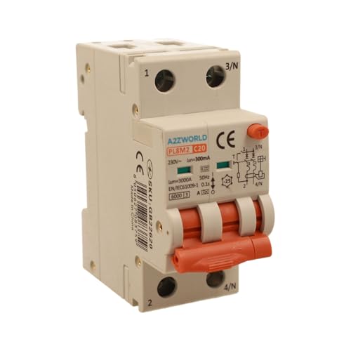 Magnetothermischer Differentialschalter Typ A 300 mA 20 A C20, Bipolar 2P (NO 1P + N), Kurve C 6 kA, Doppelhebel mit visueller Diagnose, 2 DIN-Module, Serie PL8M2 von A2ZWORLD