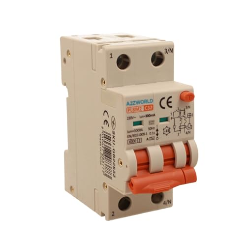 Magnetothermischer Differentialschalter Typ A 300 mA 32 A C32, Bipolar 2P (NO 1P + N), Kurve C 6 kA, Doppelhebel mit visueller Diagnose, 2 DIN-Module, Serie PL8M2 von A2ZWORLD