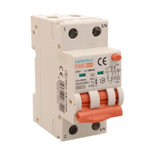 Magnetothermischer Differentialschalter Typ A 300 mA 40 A B40, Bipolar 2P real (NO 1P + N), Kurve B 6 kA, Doppelhebel mit visueller Diagnose, 2 DIN-Module, Serie PL8M2 von A2ZWORLD