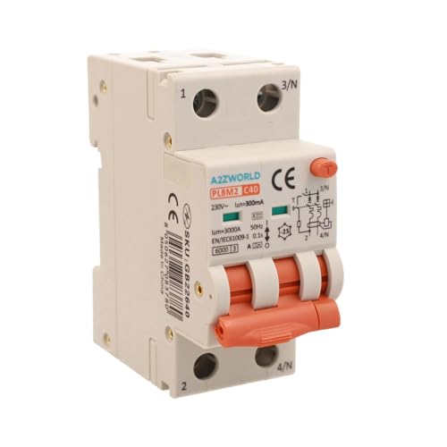 Magnetothermischer Differentialschalter Typ A 300 mA 40 A C40, Bipolar 2P (NO 1P + N), Kurve C 6 kA, Doppelhebel mit visueller Diagnose, 2 DIN-Module, Serie PL8M2 von A2ZWORLD