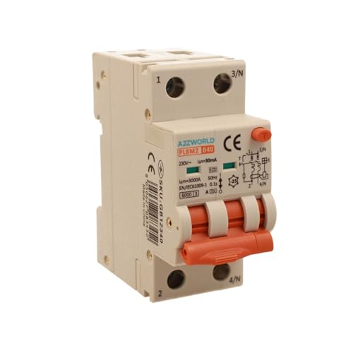 Magnetothermischer Differentialschalter Typ A 40A B40, RCBO Bipolar 2P True (NO 1P+N), Kurve B 6kA 30mA, Doppelhebel mit visueller Diagnose, 2 DIN-Module, Serie PL8M2 von A2ZWORLD