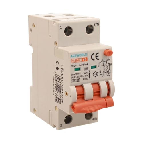 Magnetothermischer Differentialschalter Typ A 6A B6, RCBO Bipolar 2P True (NO 1P+N), Kurve B 6kA 30mA, Doppelhebel mit visueller Diagnose, 2 DIN-Module, Serie PL8M2 von A2ZWORLD