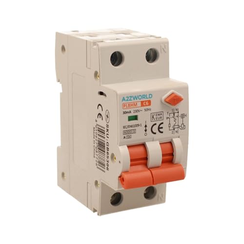 Magnetothermischer Differentialschalter Typ A 6A C6, RCBO 1P+N 6kA 30mA Kurve C, Doppelhebel mit visueller Diagnose, 2 DIN-Module, Serie PL8HM elektromagnetisch von A2ZWORLD