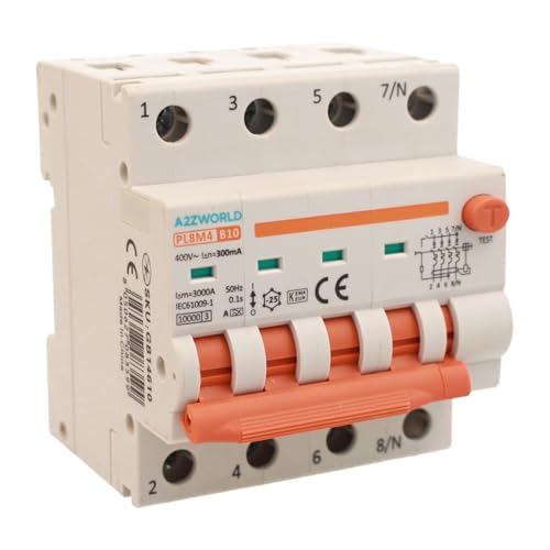 Magnetothermischer dreiphasiger Differentialschalter 300 mA Typ A 10 A B10, 4P echt (NO 3P+N), Kurve B 6 kA 380 V, Doppelhebel mit visueller Diagnose, 4 DIN-Module, Serie PL8M4 von A2ZWORLD