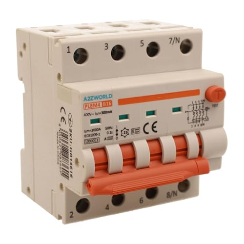 Magnetothermischer dreiphasiger Differentialschalter 300 mA Typ A 16 A B16, 4P echt (NO 3P+N), Kurve B 6 kA 380 V, Doppelhebel mit visueller Diagnose, 4 DIN-Module, Serie PL8M4 von A2ZWORLD