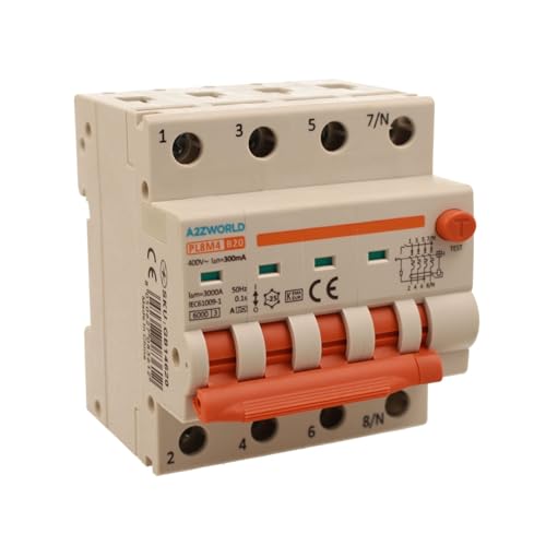 Magnetothermischer dreiphasiger Differentialschalter 300 mA Typ A 20 A B20, 4P echt (kein 3P+N), Kurve B 6 kA 380 V, Doppelhebel mit visueller Diagnose, 4 DIN-Module, Serie PL8M4 von A2ZWORLD