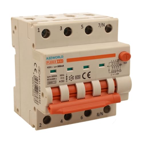 Magnetothermischer dreiphasiger Differentialschalter 300 mA Typ A 32 A B32, 4P echt (kein 3P+N), Kurve B 6 kA 380 V, Doppelhebel mit visueller Diagnose, 4 DIN-Module, Serie PL8M4 von A2ZWORLD