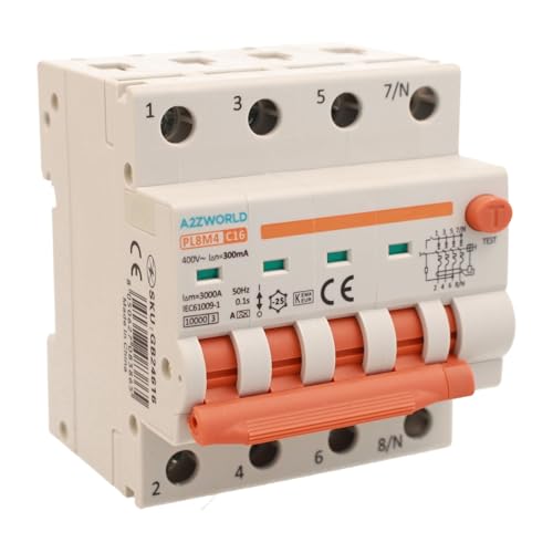 Magnetothermischer dreiphasiger Differentialschalter 380 V Typ A 300 mA 16 A C16, 4P True (NO 3P+N), Kurve C 6 kA, Doppelhebel mit visueller Diagnose, 4 DIN-Module, Serie PL8M4 von A2ZWORLD