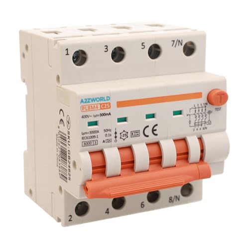 Magnetothermischer dreiphasiger Differentialschalter 380 V Typ A 300 mA 25 A C25, 4P True (NO 3P+N), Kurve C 6 kA, Doppelhebel mit visueller Diagnose, 4 DIN-Module, Serie PL8M4 von A2ZWORLD