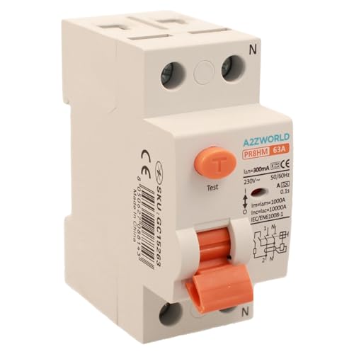Reiner Differentialschalter Typ A 300mA, Lebensretter 63A, RCCB 1P+N 10kA 220V, 2 DIN-Module, Serie PR8HM, elektromagnetisch, IEC61008-1 zertifiziert von A2ZWORLD