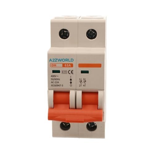 Trennschalter 63 A 2P 220 VAC, Montage auf DIN-Schiene, benötigt 2 DIN-Module (63 A) von A2ZWORLD