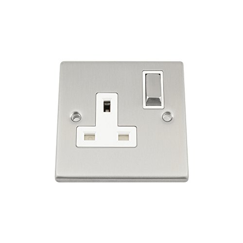 Steckdose 1-Gang – Satin Chrom matt quadratisch, weiß einfügen – Metall-Kippschalter – 13 A Einfache Steckdose von A5 Products