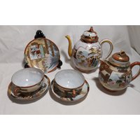 Antike Japan Meiji Zeit Kutani Eierschale Teekanne Sets 7stk Gemarkt 1890S von AAAAhandmade
