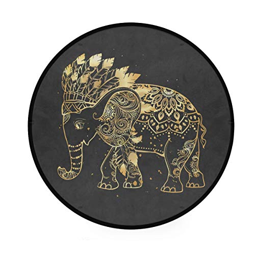 AABAO Goldener Elefanten-Mandala-Teppich, rund, rutschfest, bequem, rund, Bodenteppich für Wohnzimmer, Schlafzimmer, 92 cm Durchmesser von AABAO