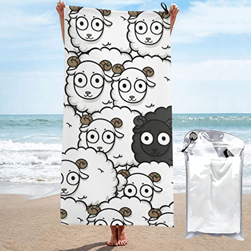 Strandtuch mit Cartoon-Motiv, Schwarz-Weiß, Schaf, bedruckt, schnell trocknend, super saugfähig, für Reisen, Camping, Fitnessstudio, Strand, Schwimmen, Yoga von AABSTBFM