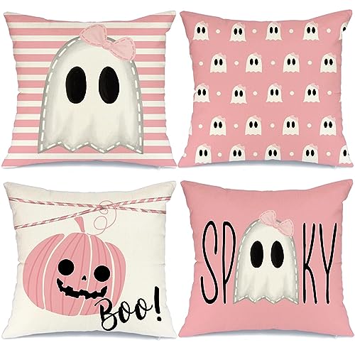 AACORS Halloween-Kissenbezüge, 45,7 x 45,7 cm, gestreift, gepunktet, gruseliger Geist, Jack O'Lantern, Kürbis, Boo Dekor, Feiertagskissen, Party-Dekoration für Zuhause, Sofa, Rosa (Rosa) AA267-18 von AACORS