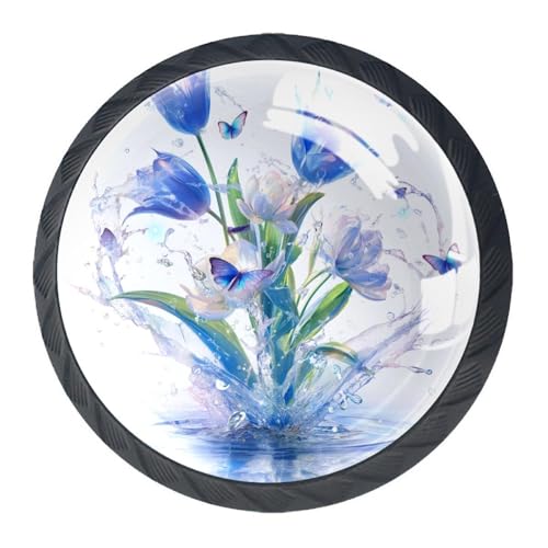 AADFAEWR 4 Stück Schubladenknöpfe Schrankknöpfe Und -Griffe Blaue Tulpen Blumen Und Schmetterlinge von AADFAEWR