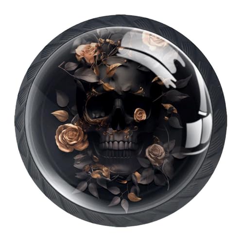 AADFAEWR 4 Stück Schubladenknöpfe Schrankknöpfe Und -Griffe Blumen Mit Totenkopf Und Vergoldeten Rosen von AADFAEWR