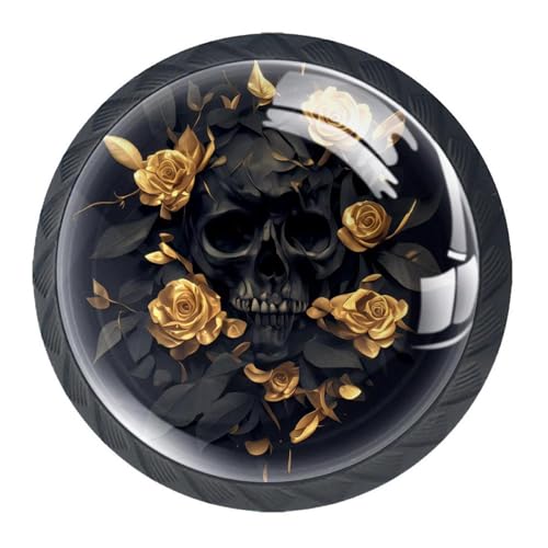 AADFAEWR 4 Stück Schubladenknöpfe Schrankknöpfe Und -Griffe Blumen Mit Totenkopf Und Vergoldeter Rose von AADFAEWR