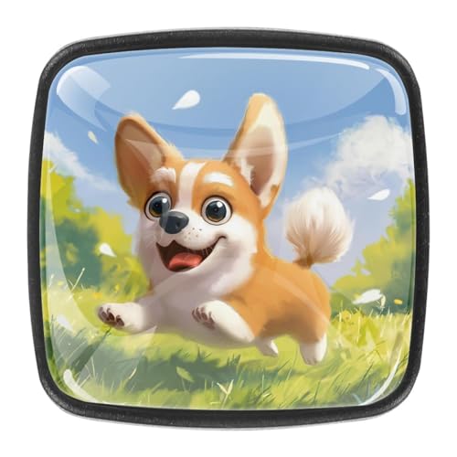 AADFAEWR 4 Stück Schubladenknöpfe Schrankknöpfe Und -Griffe Süßer Corgi-Hund Rennt Im Frühling von AADFAEWR