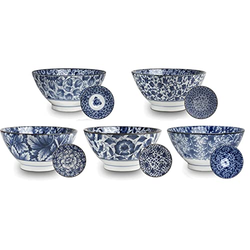 AAF Nommel ®, 5 japanische Reis Schalen Ø 18cm Japan Porzellan Set in 5 verschiedenen Dessins, Nr 85, weiß/blau von AAF Nommel