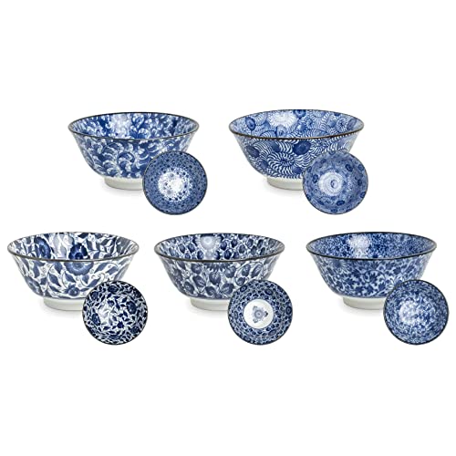 AAF Nommel®, Matcha - Reisschalen 5-er Set Japan Porzellan blau weiss Blumen, Nr. 070 von AAF Nommel