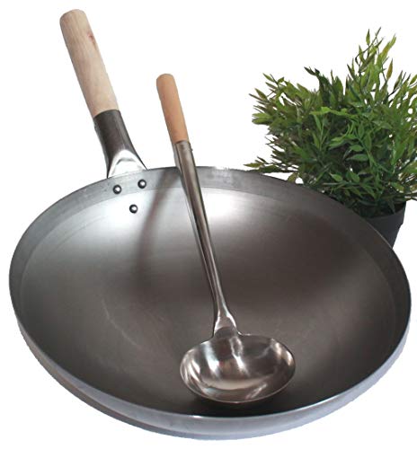 AAF Nommel ®, WOK SET, Pfanne 31 cm Ø runder Boden Carbon Stahl für Gasherd und Induktion Mulde + Wok Kelle Edelstahl 44 cm lang mit Holzgriff von AAF Nommel