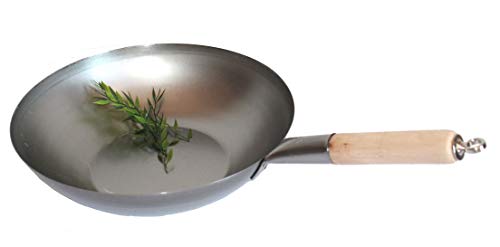 AAF Nommel ®, Wok Pfanne Flacher Boden Ø 34 cm, für Gas, Induktion, Ceran und Elektro, mit Holzgriff auch zum Aufhängen von AAF Nommel