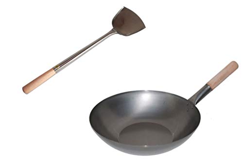 AAF Nommel ®, Wok Set, Pfanne 30 cm Ø flacher Boden Carbon Stahl + Wok Spahtel Edelstahl 43 cm lang mit Holzgriff. Für Gasherd, Elektro, Ceran und Induktion von AAF Nommel