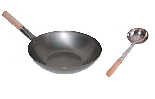 AAF Nommel ®, Wok Set, Pfanne 30 cm Ø flacher Boden Carbon Stahl + Wok Kelle Edelstahl 43 cm lang mit Holzgriff. Für Gasherd, Elektro, Ceran und Induktion von AAF Nommel