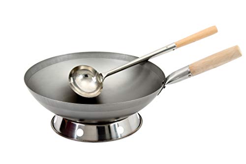 AAF Nommel ®, Wok Set, Pfanne 30 cm Ø runder Boden Carbon Stahl für Gasherd und Induktion Mulde + Wok Kelle Edelstahl 44 cm lang mit Holzgriff + Wok Ring von AAF Nommel