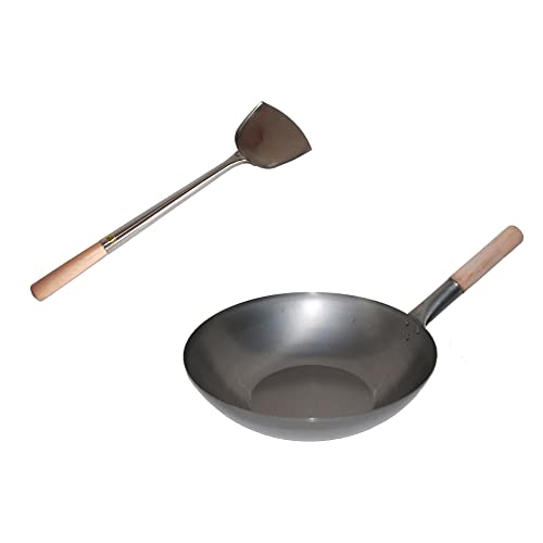 AAF Nommel ®, Wok Set, Pfanne 36 cm Ø flacher Boden Carbon Stahl + Wok Spahtel Edelstahl 43 cm lang mit Holzgriff. Für Gasherd, Elektro, Ceran und Induktion von AAF Nommel