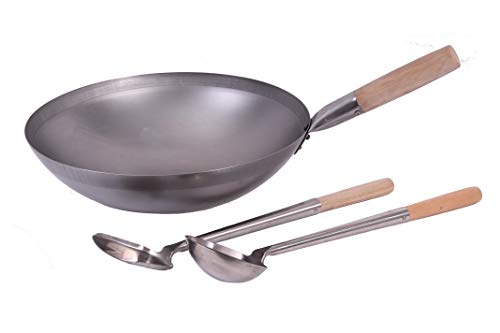 AAF Nommel ®, Wok Set, Pfanne 40 cm Ø runder Boden Carbon Stahl für Gasherd und Induktion Mulde + Wok Spahtel + Wok Kelle von AAF Nommel