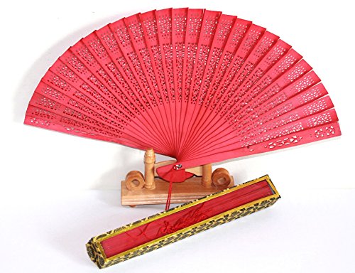 AAF Nommel ® Fächer mit Glasdeckel Box Holzfächer Handfächer Sommerfächer Hand Sommer Deko Sandelholz Nr 131 rot von AAF Nommel