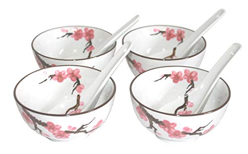 AAF Nommel ® Reisschale Teeschale 4 er Set Sakura – Kirschblüte klein ø 11 cm mit 4 Löffel (8 Teile) Nr. 775 von AAF Nommel