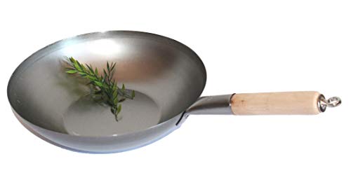 AAF Nommel ® Wok Pfanne Flacher Boden Ø 36 cm, für Gas, Induktion, Ceran und Elektro, mit Holzgriff auch zum Aufhängen von AAF Nommel