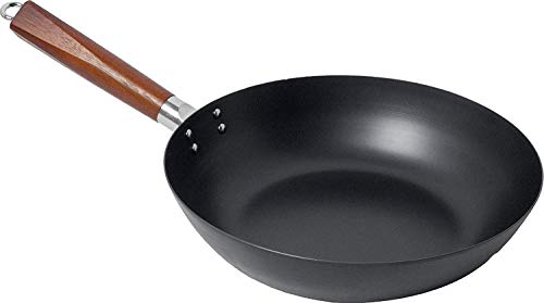 AAF Nommel ® Wok Pfanne flacher Boden Ø 30 cm Carbon Stahl „Kochen für Zwei“ für alle Herdarten mit Holzgriff und Öse auch zum Aufhängen von AAF Nommel