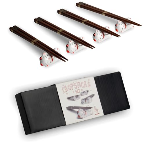 Katze Asia Essstäbchen Chopsticks Geschenkset 4 Paar aus Holz in Holz Braun Weiss von AAF Nommel