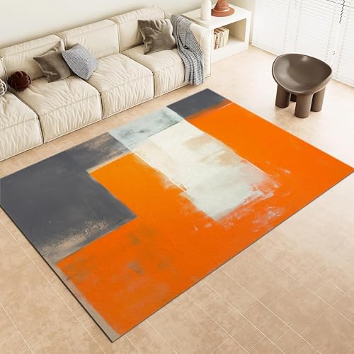 AAFUOO Teppich Wohnzimmer 120x160cm Orange Grau Farbe Abstrakte Malerei Quadrate Teppich, Teppich Läufer Flur, Kurzflor rutschfest Waschbar Teppich für Schlafzimmer, Esszimmer, Jugendzimmer von AAFUOO