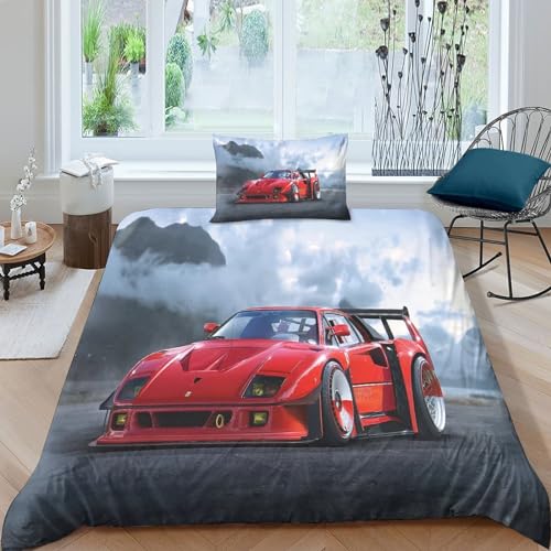 AAHARYA 3D-Autos-Bettbezug, Ferrari F40, Bettwäsche-Set für Kinder, Jungen, Bettdecken-Set, Modetrends-Thema, Steppdecke, dekorativ, Einzelbett (135 x 200 cm) von AAHARYA