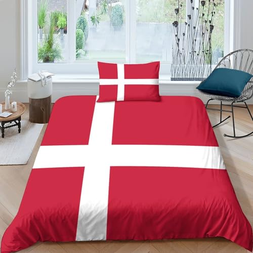 AAHARYA Flaggege von Dänemark 3D Nationale Flaggege Thema Bettwäsche Bettbezug Weich Mikrofaser Mit Reißverschluss Und Kissenbezug Single（135x200cm） von AAHARYA