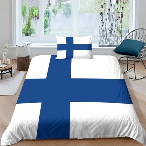 AAHARYA Flaggege von Finnland 3D Nationale Flaggege Thema Bettwäsche Bettbezug Weich Mikrofaser Mit Reißverschluss Und Kissenbezug Single（135x200cm） von AAHARYA