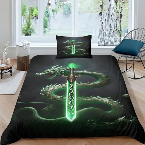 AAHARYA Grünes Schwert 3D Print Betten Set Drache -Motiv Bettwäsche Set Microfaser Bettbezug Mit Kissenbezug Single（135x200cm） von AAHARYA