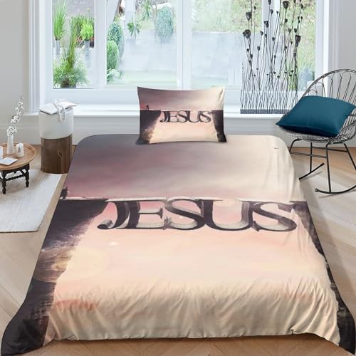 AAHARYA Jesus Bettwäsche Microfaser 3D-Druck Bettbezug Set Teilig Set Jesus Bettwäsche Set Flauschige Bettbezug Mit Reißverschluss Und Kissenbezüge Single（135x200cm） von AAHARYA