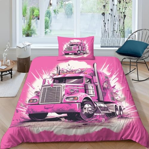 AAHARYA LKW-Bettbezug-Set, 3D-gedruckt, rosa LKW-Bettwäsche-Set, Reißverschluss, 3-teiliges Set, Tagesdecke, Schlafzimmer, Bett, Bettbezug-Set, Einzelbett (135 x 200 cm) von AAHARYA